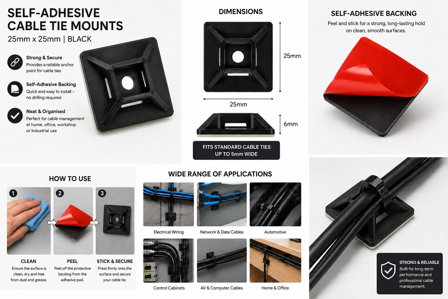 25mm x 25mm Self-Adhesive Cable Tie Mounts – Black