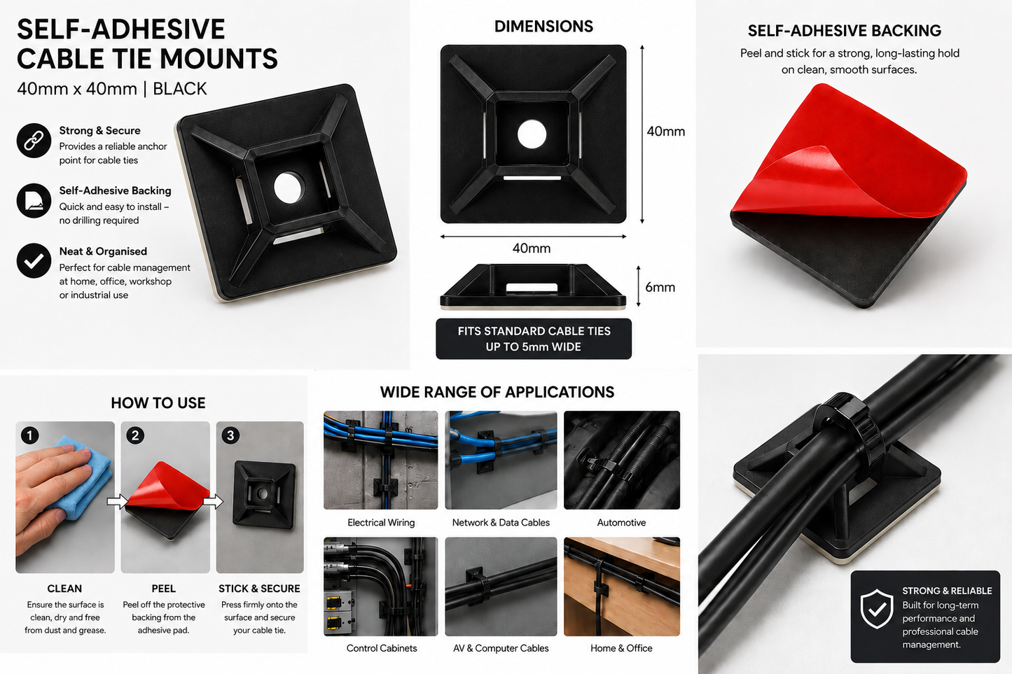 40mm x 40mm Self-Adhesive Cable Tie Mounts – Black